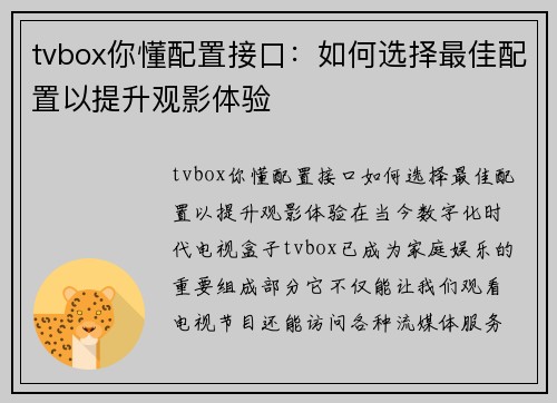 tvbox你懂配置接口：如何选择最佳配置以提升观影体验